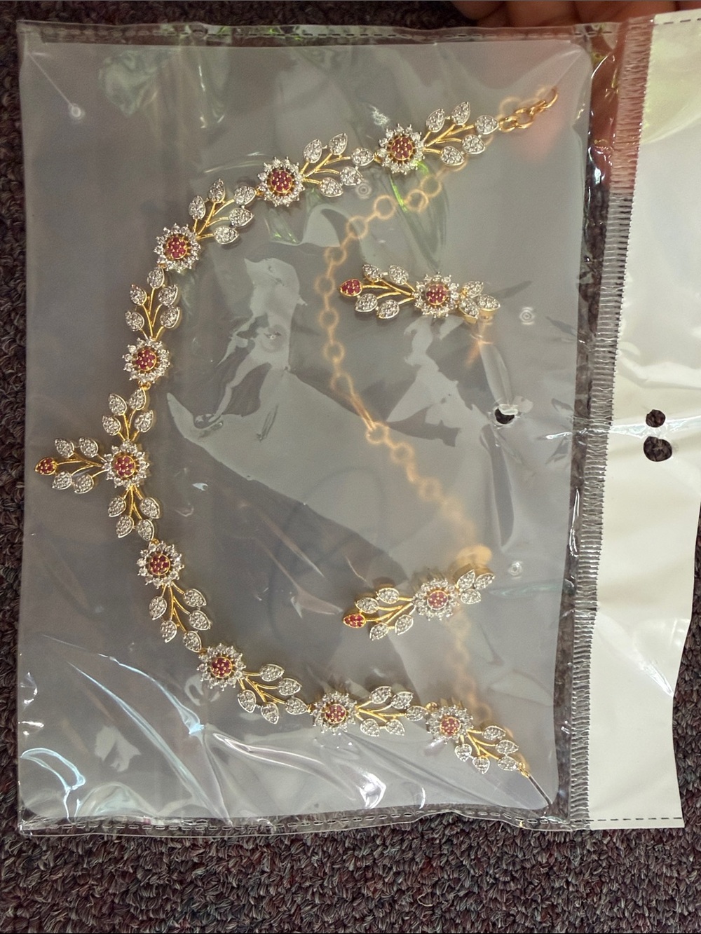 Gold Floral Crystal Necklace and Earrings Set with Pink Accents